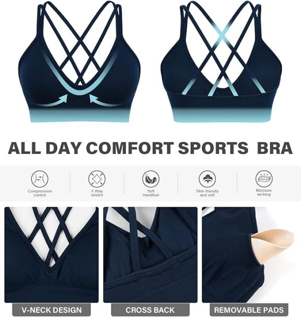 VEQKING Women's Cross Back Sports Bra Padded Strappy Medium Support Yoga Bra for Workout Fitness 3 Pack - Image 2